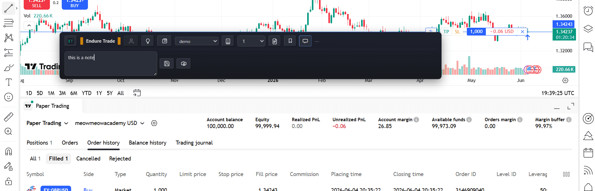 Adding a note and screenshot to a trade from the floating bar