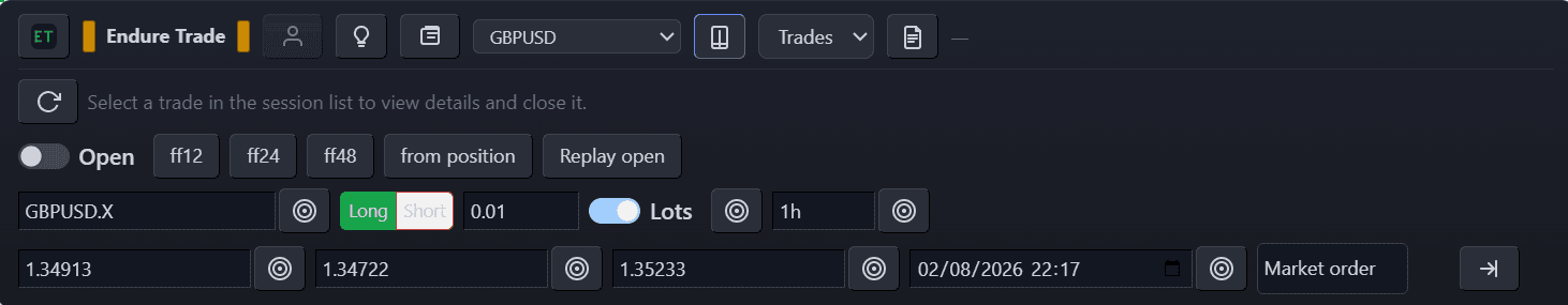 EndureTrade trade panel with journal action buttons filling form fields