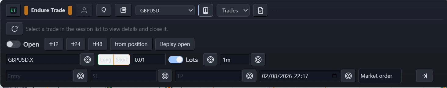 EndureTrade floating bar with journal action buttons on the toolbar
