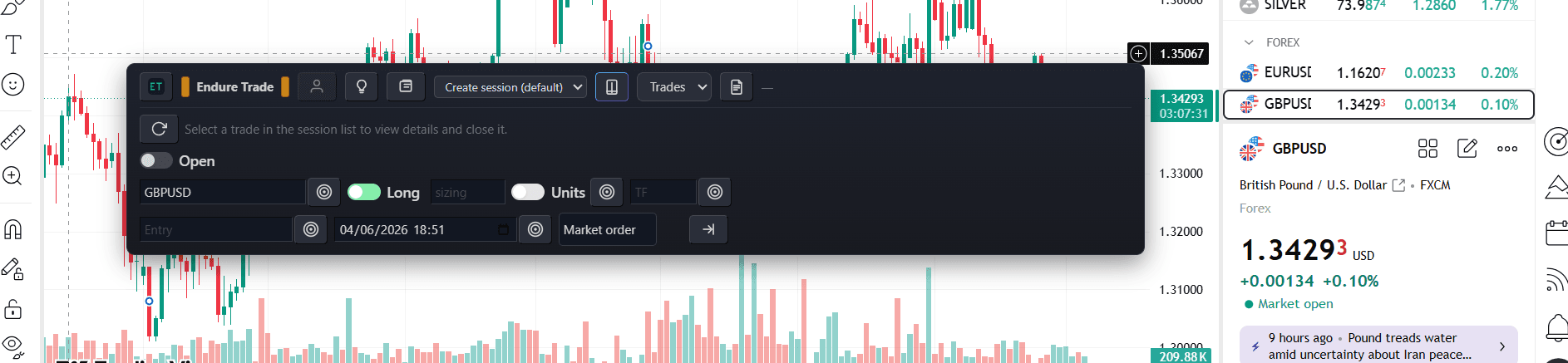 Opening a trade with symbol on the floating bar