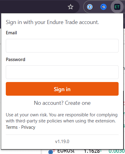 Sign-in form in the EndureTrade extension popup