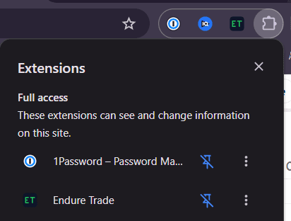 Pinned EndureTrade extension icon in the Chrome toolbar