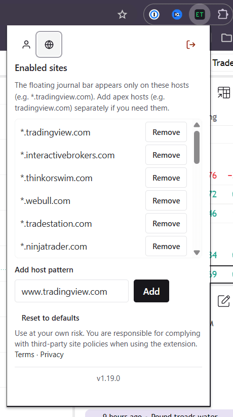 Extension settings to add an enabled site