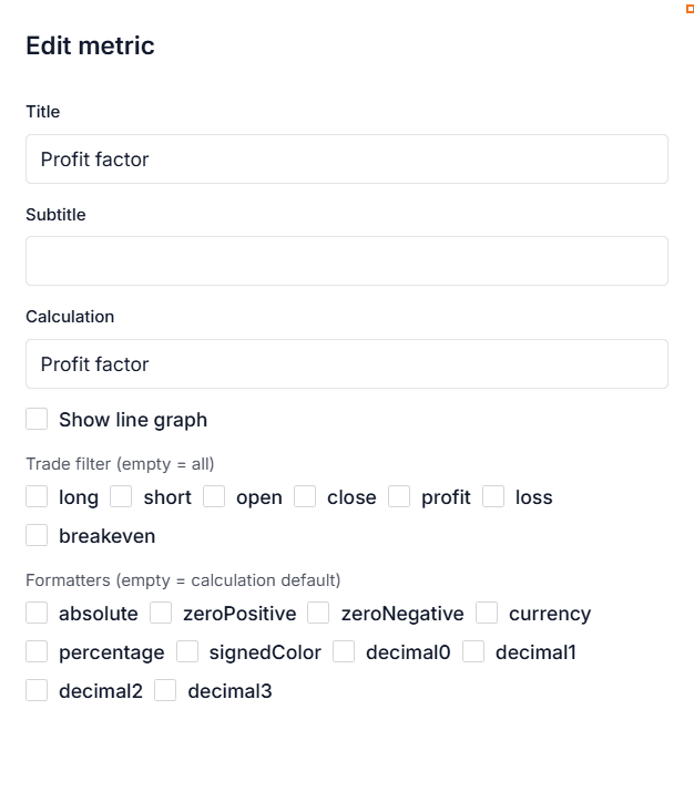 EndureTrade Edit metric panel for a report layout card with calculation, filters, and formatters