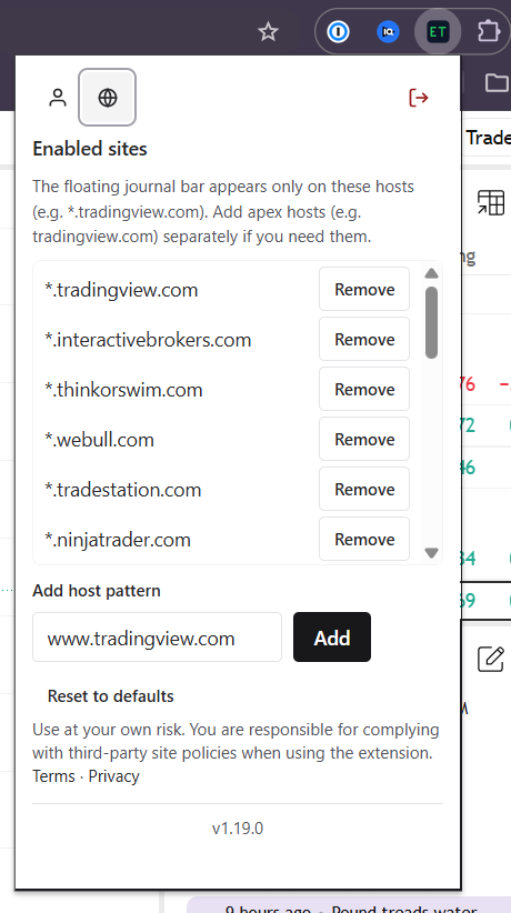 Extension settings to add an enabled site