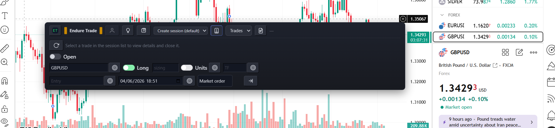 Opening a trade with symbol on the floating bar